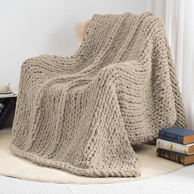 Chunky Knit Throw Blanket 50"X 60", 100% Handmade with Soft Chenille Yarn, 4.4lbs Thick Cable Knitted Blankets, Large Rope Knot Crochet Throws for Couch Sofa Bed Home Decor, Taupe
