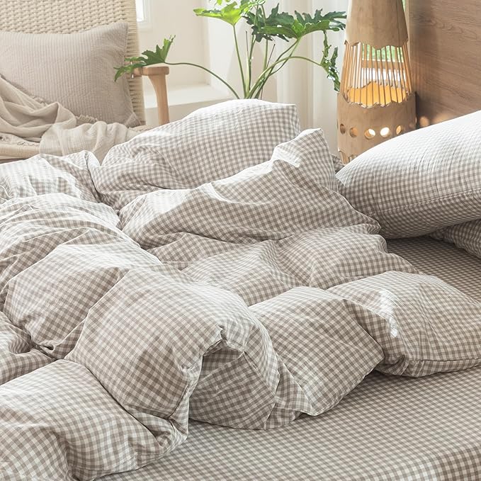 MooMee Gingham Duvet Cover Set 100% Washed Cotton Linen Like Textured Breathable Durable Soft Comfy Modern Checkered Design (Mini Gingham Tannish Linen Grey, Cal King 104"x98")