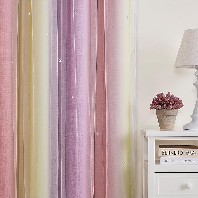 XiDi Curtains for Bedroom Decor, Rainbow Pink PurpleYellow34/96/1