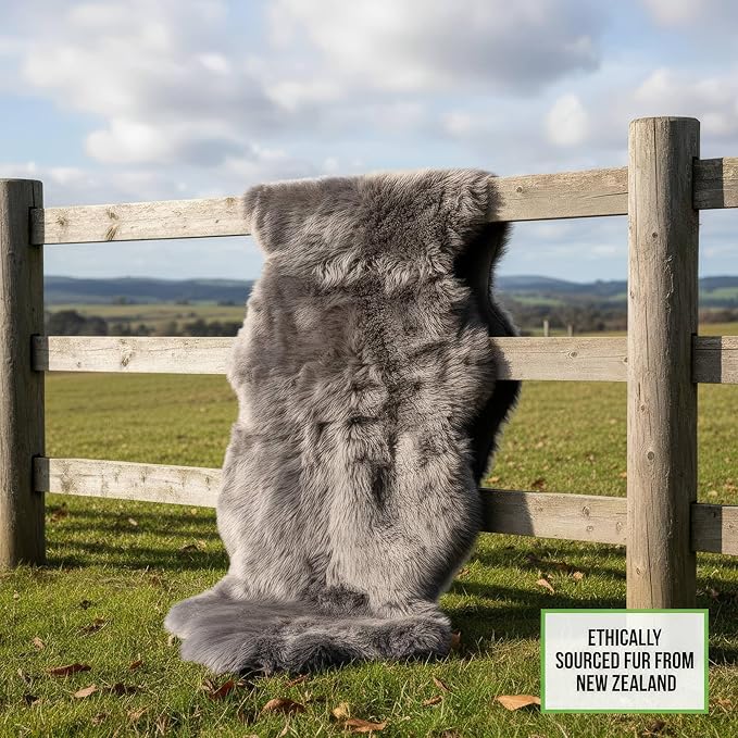 Premium Gray Sheepskin Rug Genuine Fur Bedside Runner 2x6ft - Great for Soothing Feet - Ethically Sourced Sheep Fur Rugs - Sheepskins Wool Runner