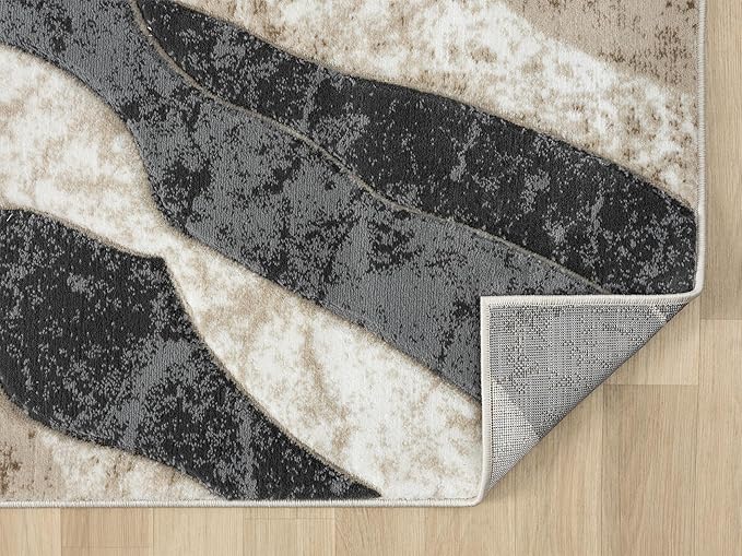 Modern Abstract Area Rug Hand Carved Contemporary Geometric Swirls Vibrant Colors Carpet for Living Room Bedroom Design PR1002 (Beige, 5' x 7')