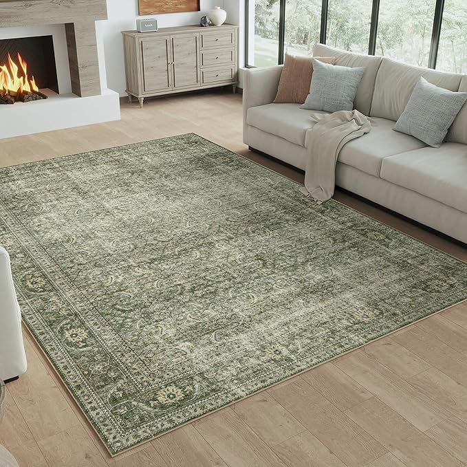 FMFUNCTEX 5x7 Washable Area Rug Green Neutral Vintage Distressed Non Slip Low Pile Traditional Indoor Carpet for Living Room Bedroom Soft Retro Mat Throw Rug for Dining Office Kitchen Dorm Entryway
