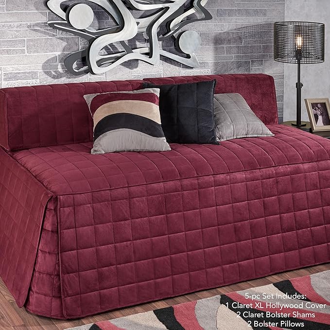 Camden Luxury Bedding | Neutral Claret Color | Fitted Hollywood Daybed Bedding | Faux Suede Box Quilted Design | 5 Piece Set Includes Extra Long Hollywood Cover, 2 Bolster Shams, and 2 Bolster Pillows
