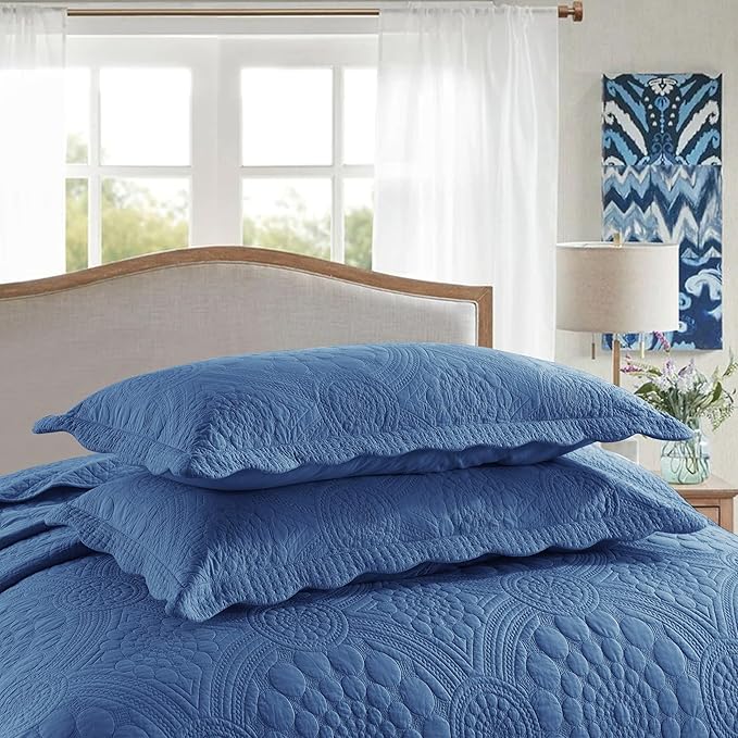 MarCielo 3-Piece 100% Cotton Oversized Bedspread Lightweight Quilt Coverlet Embroidery Farmhouse Bedding Set (Tf Midtone Blue, Oversized Queen (100"x106"))