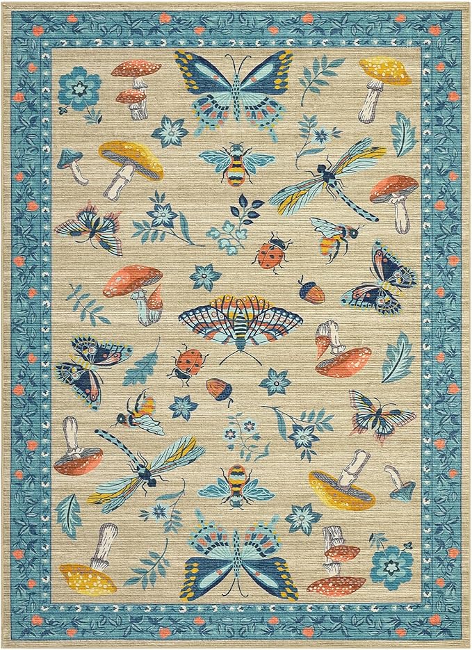 Mushroom Insect Washable Rug 5x7 Area Rugs for Bedroom Non Slip with Rubber Back Low Pile Stain Resistant Butterfly Carpet for Living Room Nursery Kitchen Dining Room Khaki Blue