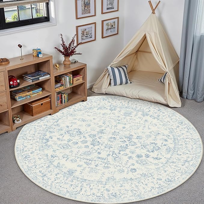 4ft Blue Round Area Rug Entryway Door Mat Small Circle 4x4 Kitchen Vintage Carpet Non Slip Indoor Bedroom Washable Distressed Floral Retro Accent Throw Rug Office Bathroom