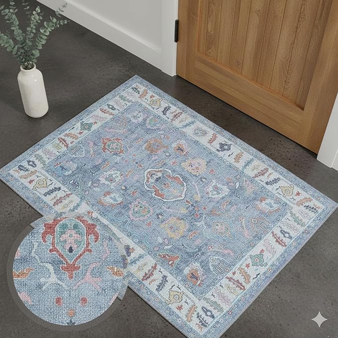 Fame Rugs Blue Modern Oushak Rug 3x5, Washable Vintage Turkish Colorful Oriental Antique Inspired Foldable Small Area Rugs, Luxury Living Room Bedroom (381LB, 2'6" x 5')