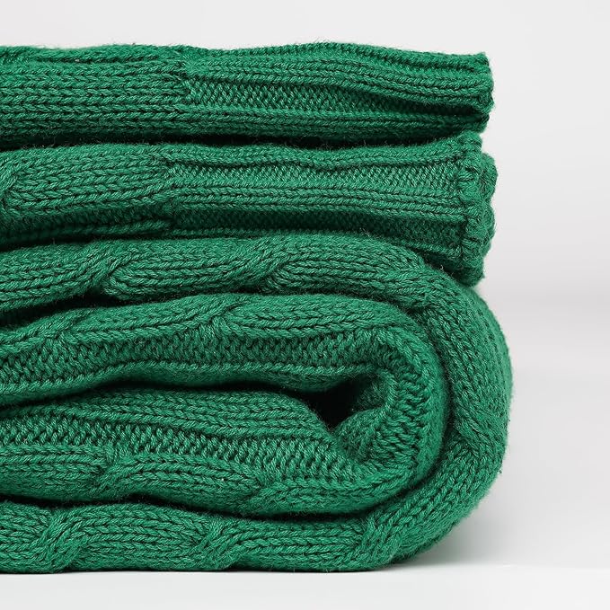 100% Cotton Cable-Knit Throw Blanket: 60" x 70", Ultra Soft, Breathable, All-Season Comfort & Versatility, Ideal for Couch, Bed, Travel and Gifting (Green)