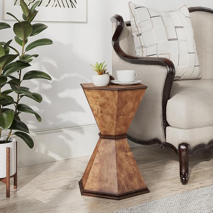 COZAYH Farmhouse Hexagonal Accent Table, Rustic Hourglass Design Side Table with Sculptural Geometric Base for Living Room or Bedroom, Natural Wood-Tone Finish, Brown