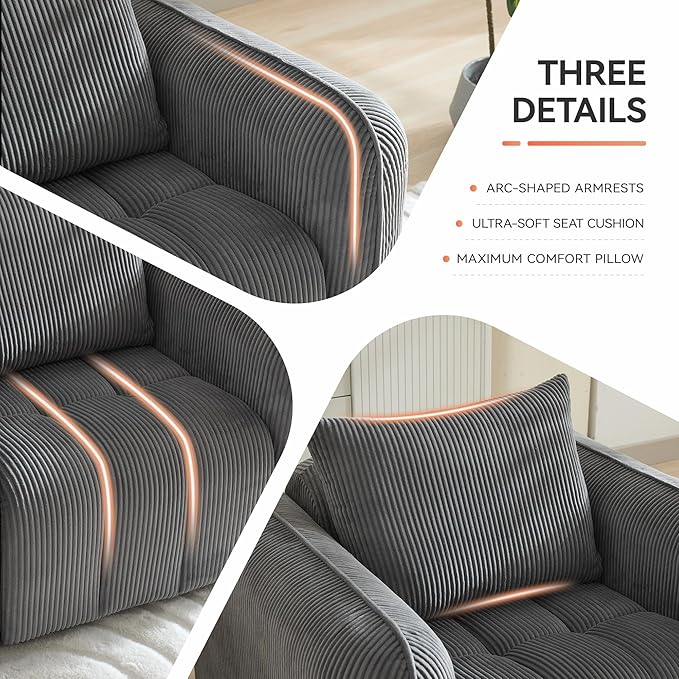 83'' Boneless Corduroy Sofa, Oversized 3 Seater Deep Seat Couch with Rounded Armrest, Modern Upholstered Cloud Sofa for Living Room, No Assembly, Grey