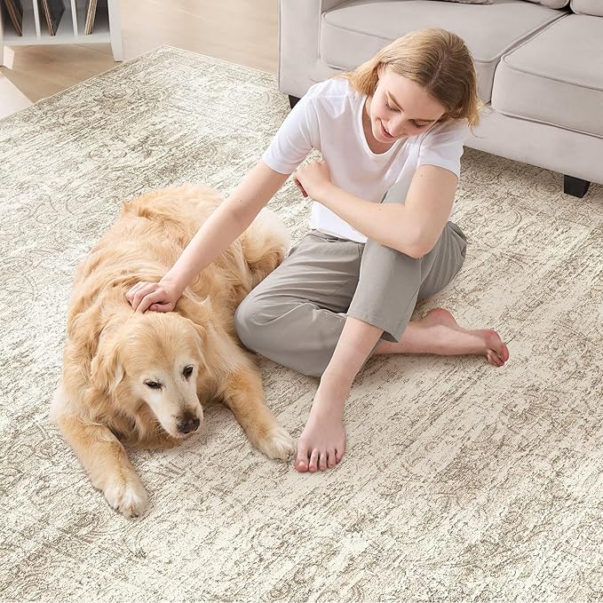 Area Rug Living Room Rugs - 8x10 Abstract Large Soft Indoor Washable Rug Neutral Modern Low Pile Carpet for Bedroom Dining Room Farmhouse Home Office - Vintage Beige