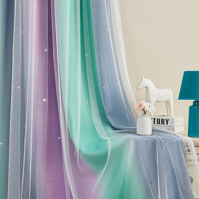 XiDi Curtains for Bedroom Decor, Rainbow Purplgreen grey34/54