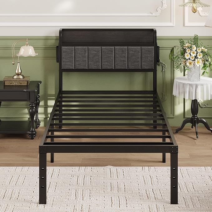 16 Inch Twin Bed Frames with Upholstered Storage Headboard, Heavy Duty Twin Platform Bed No Box Spring Needed, Noise Free, Easy Assembly, Gray