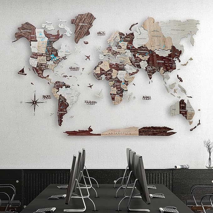 Handmade 3D Wood World Map Wall Art Large Wall Decor Track Your World Travels - Special for Home, Kitchen and Office (Medium, Cappuccino)