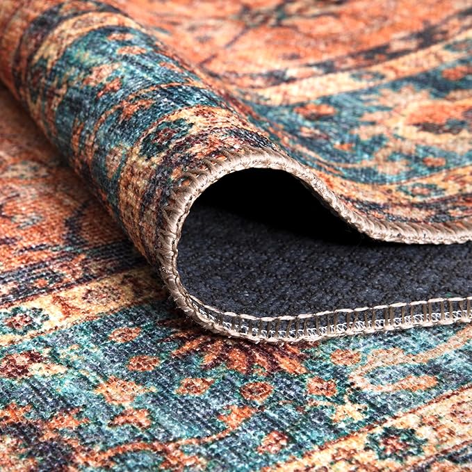 Bloom Rugs Washable Non-Slip 8' x 10' Rug - Orange/Teal Blue Traditional Bordered Area Rug for Living Room, Bedroom, Dining Room, and Kitchen - Exact Size: 8' x 10'
