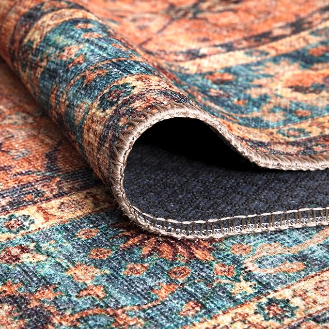 Bloom Rugs Washable Non-Slip 5' x 7' Rug - Orange/Teal Blue Traditional Bordered Area Rug for Living Room, Bedroom, Dining Room, and Kitchen - Exact Size: 5' x 7'