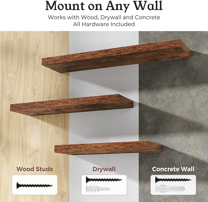 Floating Shelves for Wall, 9.3" Deep Wall Mounted Wood Shelves for Bathroom, Bedroom, Living Room, Kitchen, Hanging Shelf for Books/Storage/Room Decor (Brown, 40")