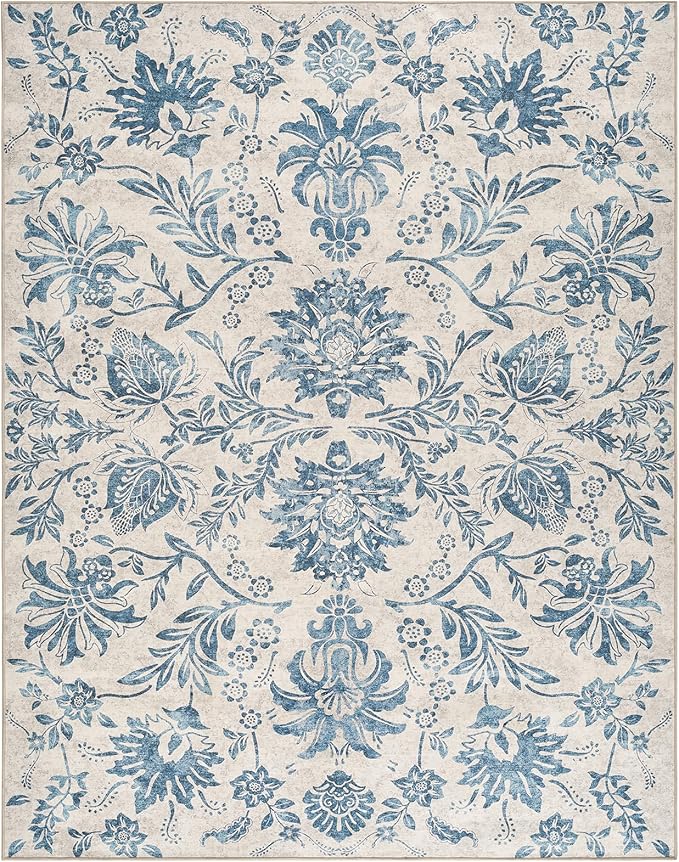 jinchan Torino Floral 8x10 Area Rugs, Vintage-Inspired Design Accent Living Room Rug, Machine Washable Ultra-Thin Low-Pile Non-Slip Traditional Carpet for Bedroom Dining Room Home Office, Dark Blue