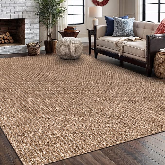 Easy Jute Rug 9x12 Indoor Outdoor Natural Rugs Solid Fiber Rug Woven Area Rug Boho Easy Clean Inside Carpet for Living Room Bedroom Dining Room Hallway or Outdoor Patio Porch (9 X 12 Natural)
