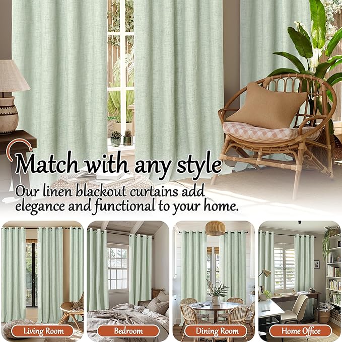 Sage Green Blackout Curtains for Bedroom - Linen Curtains 95 Inch Length Thermal Insulated Privacy Burlap Boho Window Drapes for Living Room Scandi Farmhouse Dining, 2 Panels, Each 52" Wide