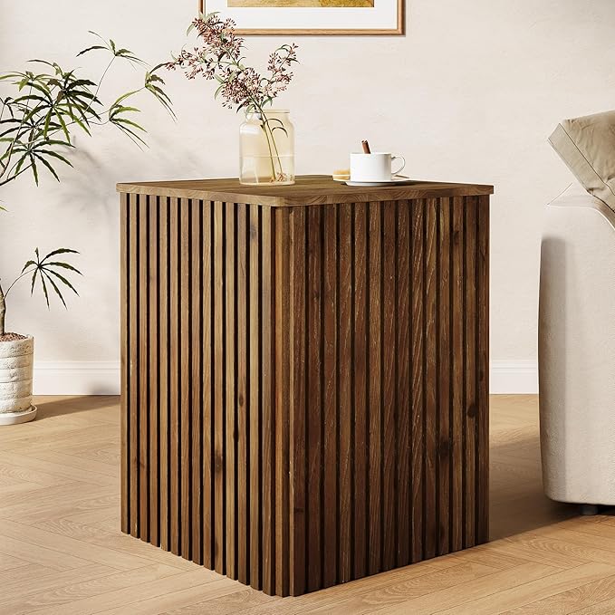 Solid Wood Square End Table with Storage, Fluted Side Table for Living Room, Mid-Century Modern Bedside Nightstand with Removable Lid for Bedroom, Small Spaces (1 PC, Rustic Brown)