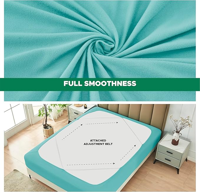 Biscaynebay Decorative Box Spring Cover Queen Size, Aqua Luxurious Jersey Knitting Stretchy Wrap Around 4 Sides Bed Skirt for Home/Hotels, Easy Fit Wrinkle & Fade Free Machine Washable
