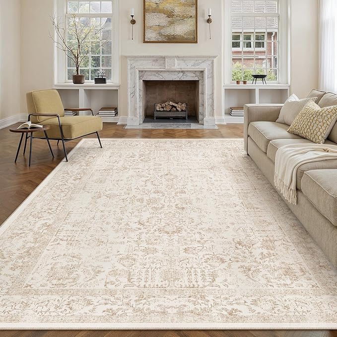 Beige Area Rug 9x12 Machine Washable Large Vintage Living Room Distressed Non Slip Carpet Traditional Indoor Bedroom Retro Floral Accent Throw Rug for Office Kitchen Dining Room