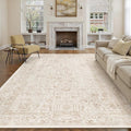 Beige Area Rug 9x12 Machine Washable Large Vintage Living Room Distressed Non Slip Carpet Traditional Indoor Bedroom Retro Floral Accent Throw Rug for Office Kitchen Dining Room