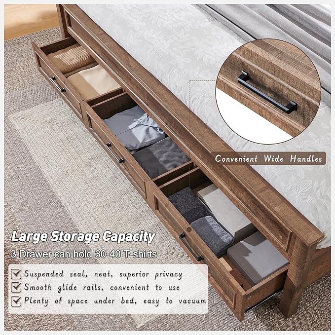 ACCOHOHO Farmhouse Queen Size Bed Frame with 52" Tall Headboard, Wood Platform Bedframe with Footboard and Storage Drawers, No Squeak, No Box Spring Needed, Light Brown