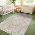 Washable Beige Blue 5x8 Area Rug for Large Entryway, Living Room, Kids Room, Boy Nursery Room, Bedroom Rug - Vintage Oriental Low Pile Non Slip & Stain Resistance (5x8 Beige Blue)