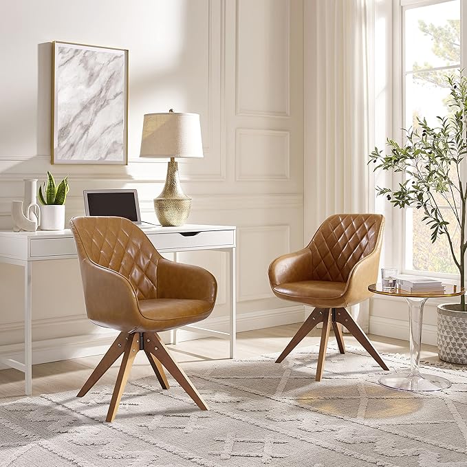 Zouron Mid Century Modern Accent Chair with Wooden Legs, Upholstered Swivel Chair No Wheels, Side Accent Armchair Vanity Chair for Small Space Home Office Living Room Bedroom, Claybank
