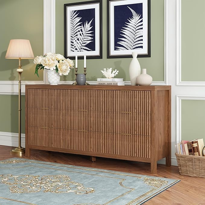 Modern 9 Drawer Dresser, Mid-Century Storage Chest with Solid Wood Legs, Large Organizer Cabinet & TV Stand for Bedroom, Living Room, or Hallway, Walnut Oak