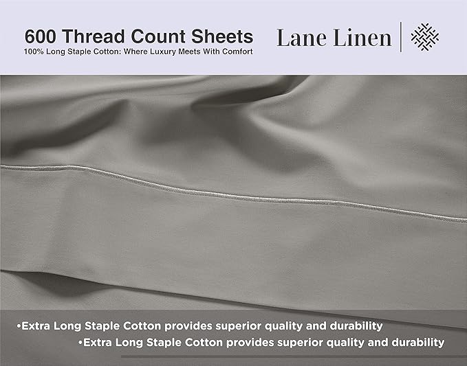 LANE LINEN 600 Thread Count 100% Cotton Twin Bed Sheets - Mercerized Cotton Sheets for Silky Smooth Finish, Twin Size Bed Set - Ultra Soft & Comfy Sateen Bedding Set, Machine Wash - Silver