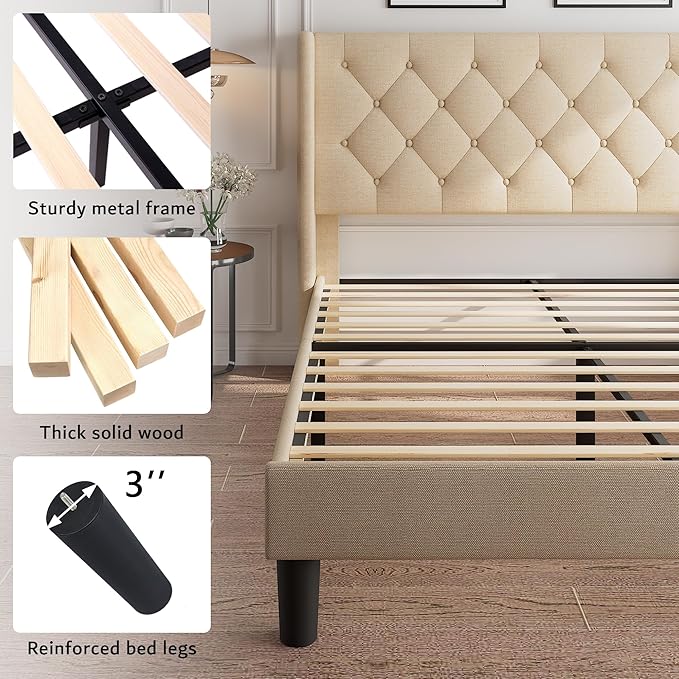 iPormis Queen Platform Bed Frame with Button Tufted Headboard, Upholstered Bed Frame with Solid Wooden Slats, 8" Under-Bed Space, No Box Spring Needed, Easy Assembly, Noise Free, Beige