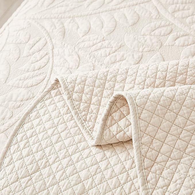 MarCielo 3-Piece 100% Cotton Oversized Bedspread Lightweight Quilt Coverlet Embroidery Farmhouse Bedding Set T0 (Yellowish Beige, Twin (68"x86"))