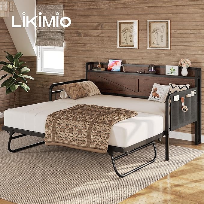 LIKIMIO Twin Daybed with Trundle Bed, Storage Headboard with Charging Station, Sofa Day Bed with Strong Supports for Living Room, Bedroom, and Guest Room, Dark Brown