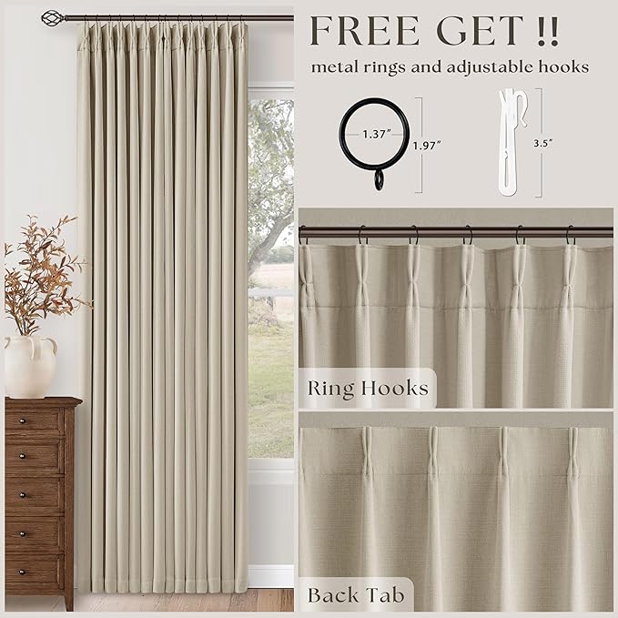 Extra Wide Oatmeal Beige Blackout Sliding Glass Door Curtains 108 Inches Long Memory Trained Pinch Pleated Linen Double Layer Black Out Heat Blocking Curtain 70 Inch Width 108 Inch Length 1 Panel