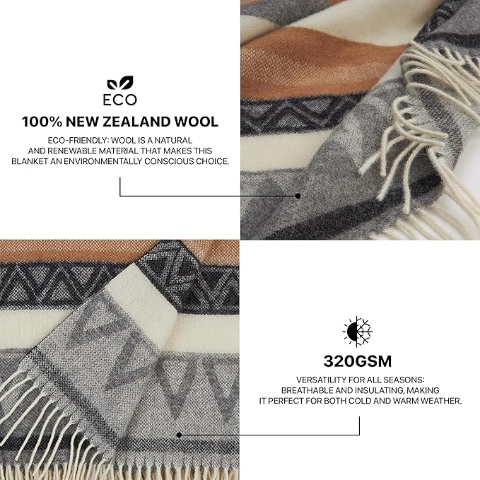 | Wool Blanket/Throw | 100% New Zealand Wool | Perfect for Home and Outdoors | Virgin Wool Throw with Fringes 67"x79" (170 x 200 cm)