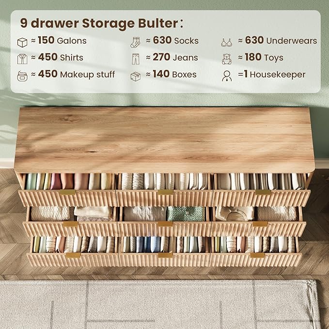 63'' Wide 9 Drawers Dresser for Bedroom,Modern Fluted Vertical Chest with Rounded Corners,Fluted Dresser for Living Room,Hallway, Natural Wood