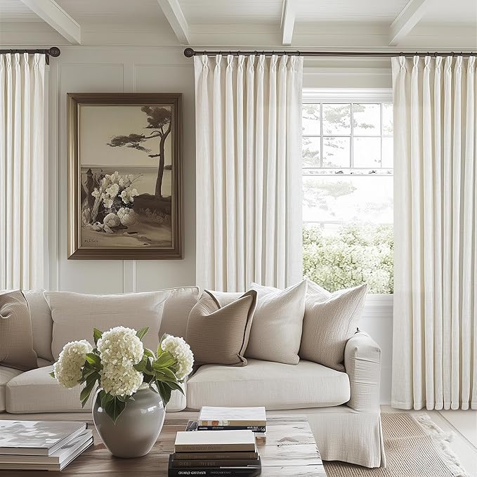 Natural Pinch Pleated Linen Curtains 102 Inches Long 60 Inch Width Linen Blend Light Filtering Window Curtains 102 Inch for Living Room Bedroom Patio Pinch Pleat Drapes Hooks Rings 1 Panel 60Wx102L