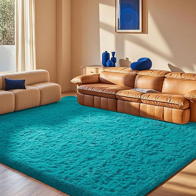 Ophanie Teal Rugs for Living Room Bedroom, 6x9 Fluffy Fuzzy Furry Carpet, Plush Soft Shaggy Bedside Indoor Floor Area Rug for Kids Girls Boys Baby Teen Dorm Nursery Home Decor Aesthetic