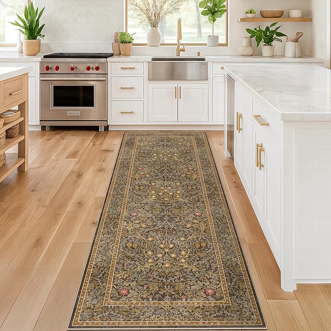 Brown 2'6" x 10' Hallway Runner Rug Non Slip - Stain Resistant Washable Kitcehn Rug, 10ft Extra Long Entryway Indoor Mats, Soft Boho Vintage Gold Brown Floral Indoor Décor