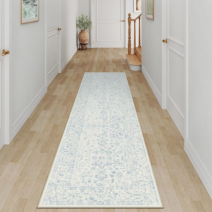2x8 Blue Runner Rug Hallway Non Slip Kitchen Vintage Distressed Long Carpet Indoor Machine Washable Retro Floral Bedroom Accent Throw Rug for Office Laundry Bathroom Dining Living Room