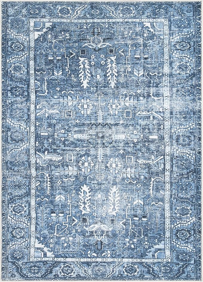 Bloom Rugs Washable Non-Slip 6' x 9' Rug - Blue Traditional Area Rug for Living Room, Bedroom, Dining Room, and Kitchen - Exact Size: 6' x 9'