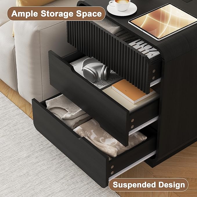 7 Drawer Dresser and 2 Nightstand Sets for Bedroom 3 Pcs Bedroom Set, Modern 47.2" Fluted Dresser with Invisible Handles Nightstand Charging Station, Bedroom Furniture Set for Living Room, Black