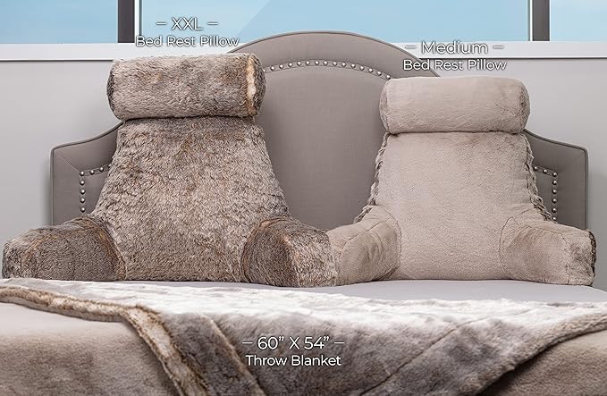 Husband Pillow XXL Ultra Rare Baby Chinchilla Backrest, Two-Tone Reversible Double Sided Fabulous Faux Fur Reading & Bed Rest Pillow with Arms & Neck Roll, Adjustable Memory Foam - Extremely Comfy