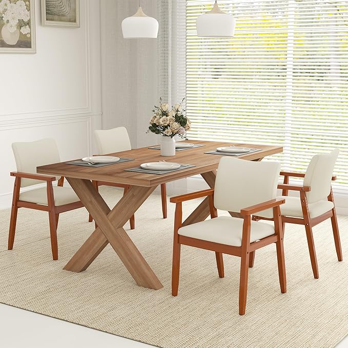 thksbought Mid Century Modern Walnut Dining Chairs Wood Arm Beige Fabric Kitchen Cafe Living Room Decor Furniture