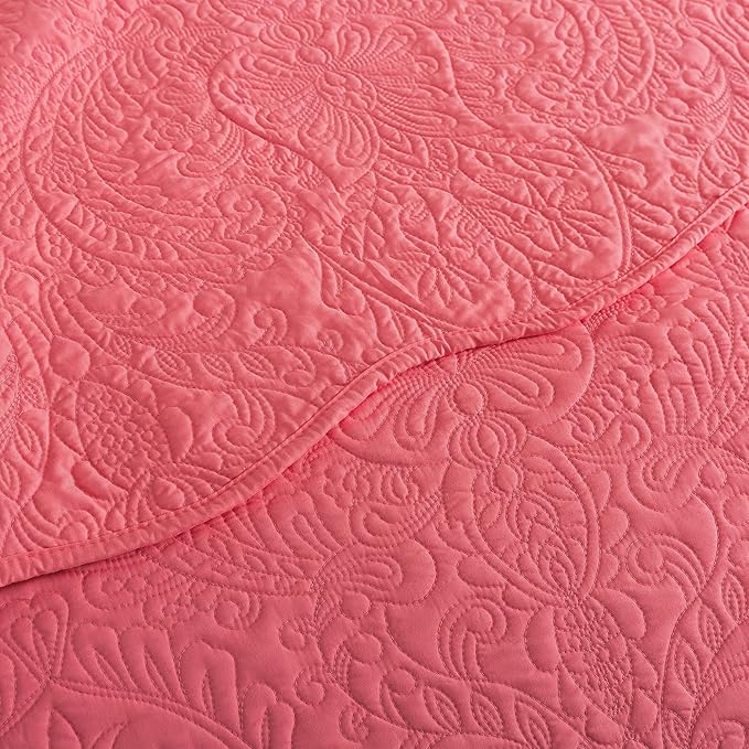 HoneiLife Quilt Sets King Size - Microfiber Bedspreads for King Bed, 3-Piece Lightweight Coverlets, Retro Bedlinen Sets, King Quilt Bedding Set All Season Use-Sugar Coral