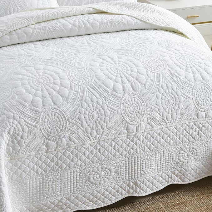 MarCielo 100% Cotton Quilt Set - 3-Piece Embroidered Farmhouse Bedspread & Shams, All-Season Breathable Bedding (Tf Bright White,Queen)