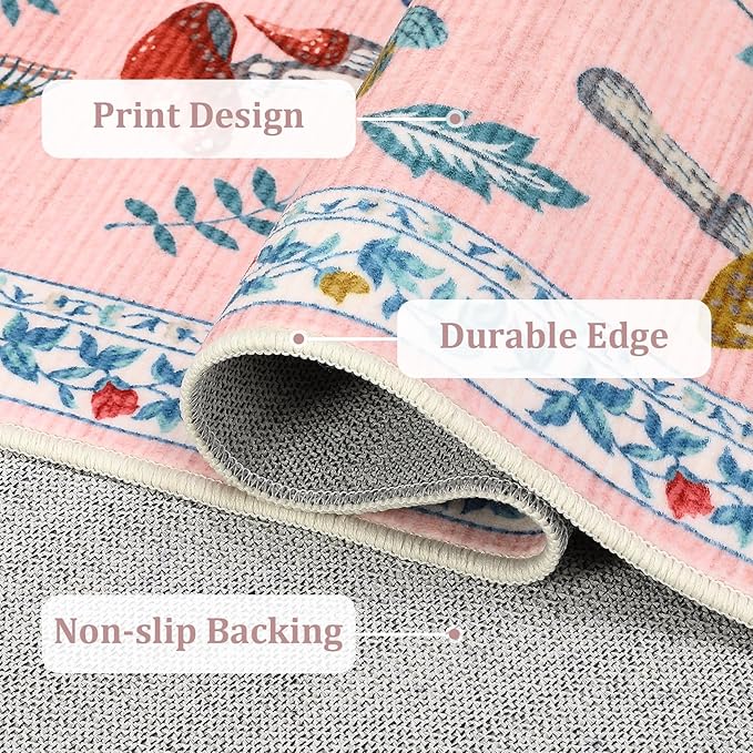 Mushroom Insect 8x10 Area Rugs, Washable Rugs for Living Room Non Slip Stain Resistant Low Pile Modern Butterfly Carpet for Bedroom Dining Room Nursery Playroom Office, Pink